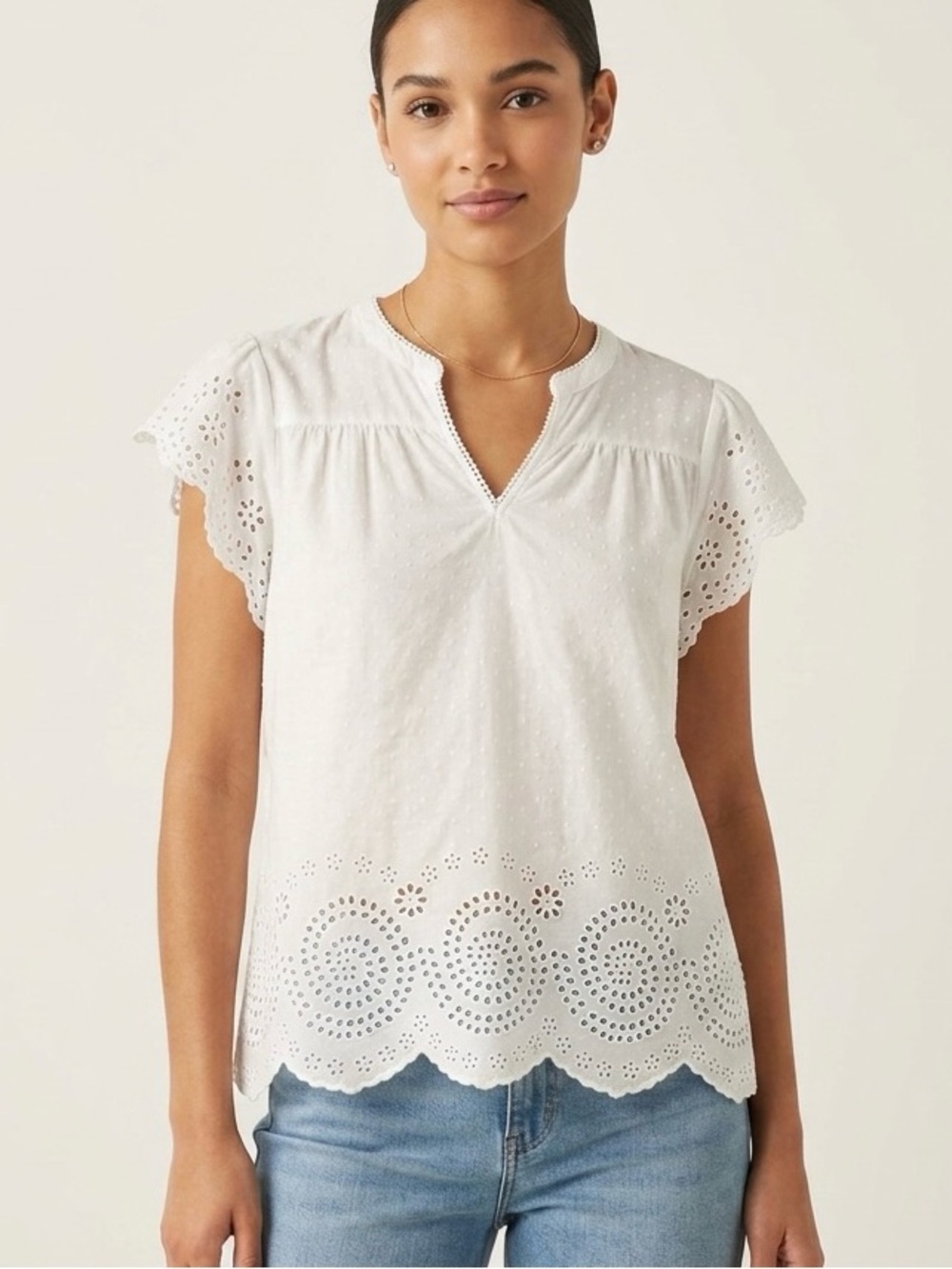 Faherty White Eyelet Split-Neck Cotton Blouse